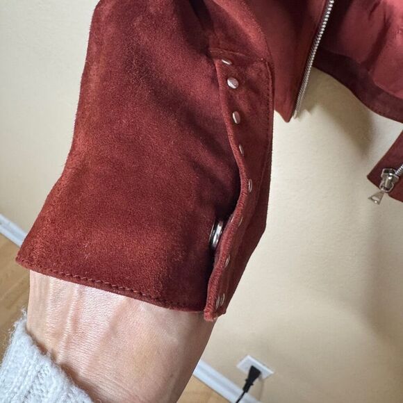 Theory Jacket Women's Large Burgundy Suede Leather Moto Studded Full Zip Pockets - Picture 6 of 12